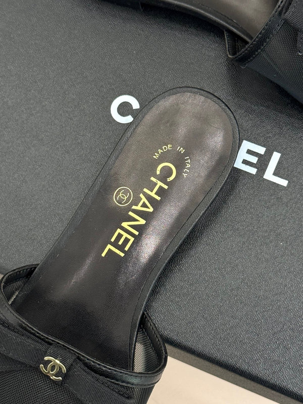 Chanel 26C Double C Bow Slippers Black in Mesh 615711