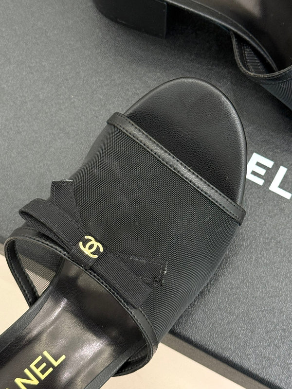 Chanel 26C Double C Bow Slippers High Heel Black in Mesh 615707
