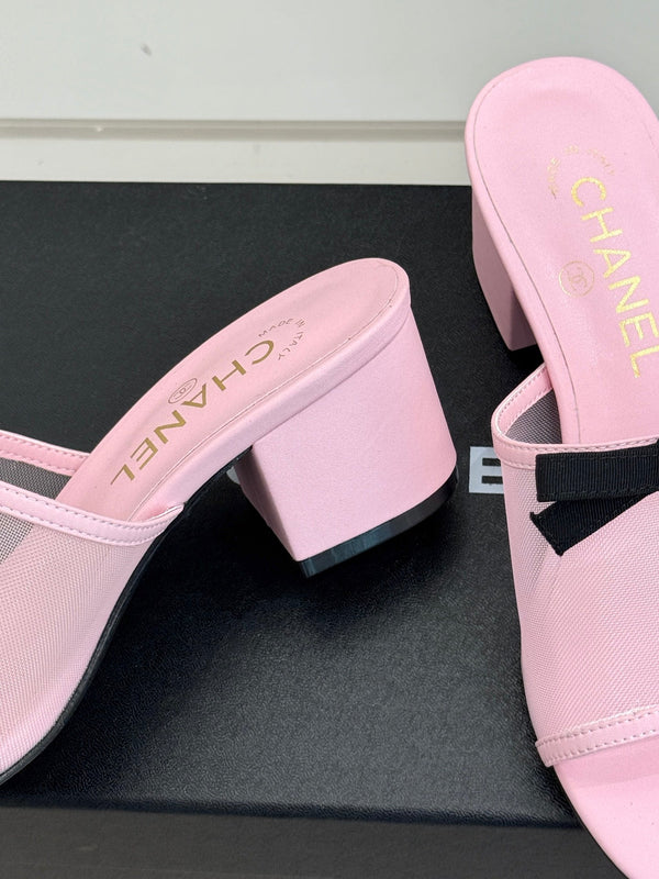 Chanel 26C Double C Bow Slippers High Heel Pink in Mesh 615706