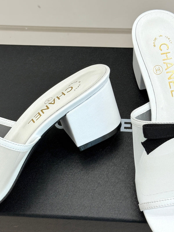Chanel 26C Double C Bow Slippers High Heel White in Mesh 615704