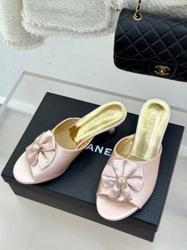 CC 26s Bow Slippers High Heel 35mm Pink Satin Sheepskin 615749