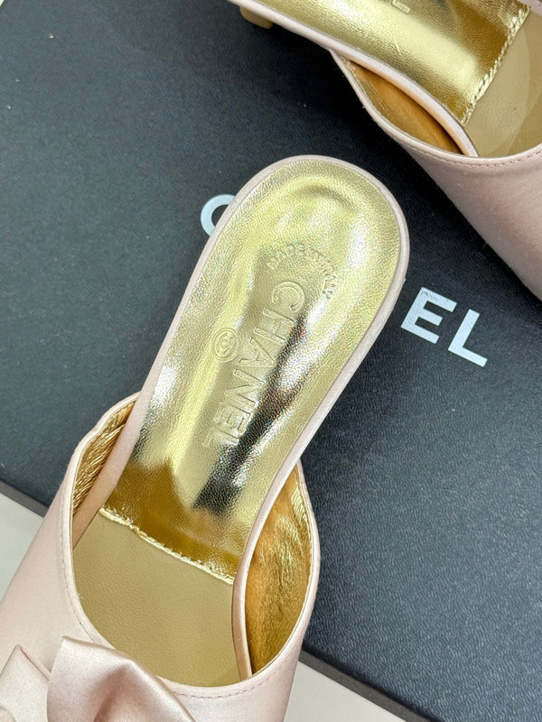 CC 26s Bow Slippers High Heel 35mm Pink Satin Sheepskin 615749