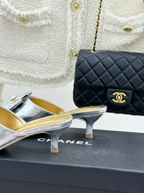 CC 26s Bow Slippers High Heel 35mm Silver Metallic Satin Sheepskin 615748