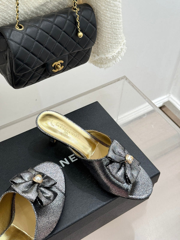 CC 26s Bow Slippers High Heel 35mm Dark Silver Metallic Satin Sheepskin 615747