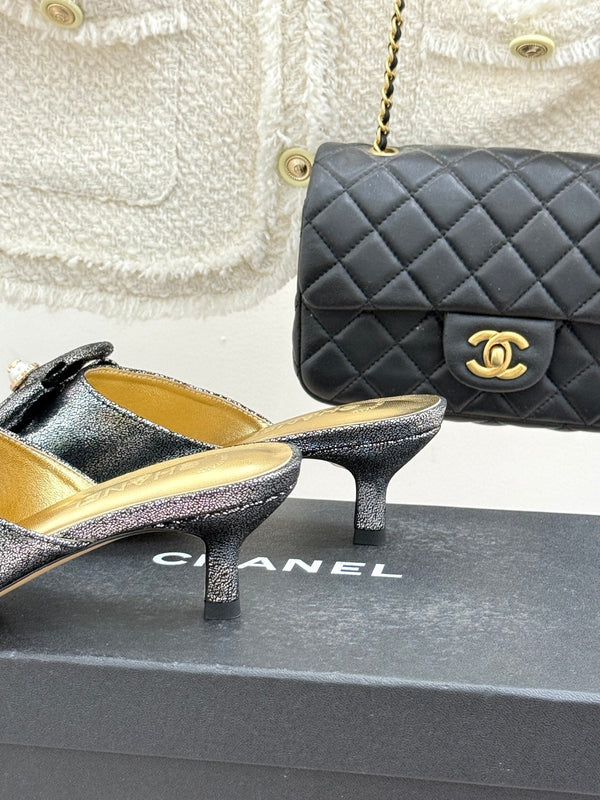 CC 26s Bow Slippers High Heel 35mm Dark Silver Metallic Satin Sheepskin 615747