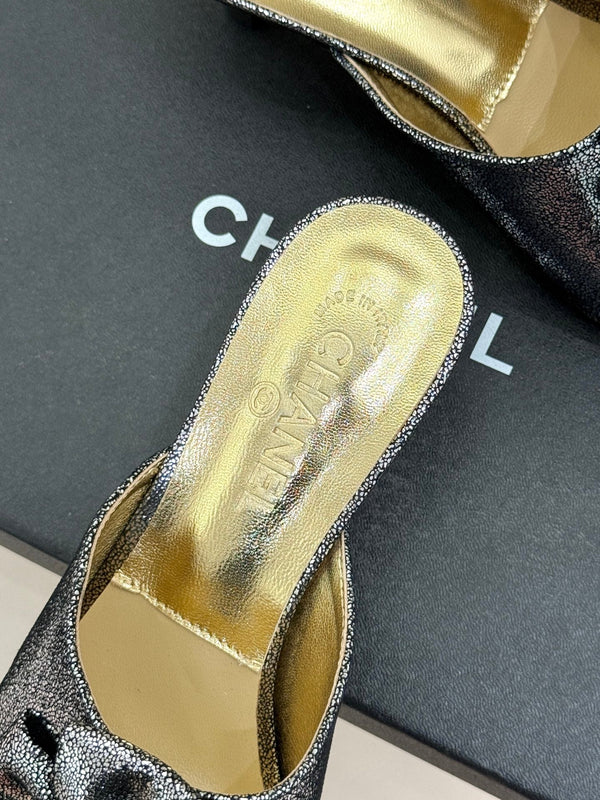 CC 26s Bow Slippers High Heel 35mm Dark Silver Metallic Satin Sheepskin 615747