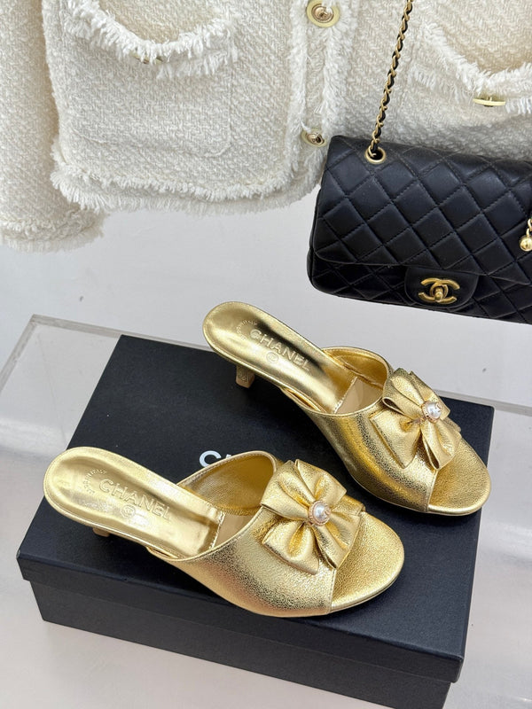CC 26s Bow Slippers High Heel 35mm Gold Metallic Satin Sheepskin 615746