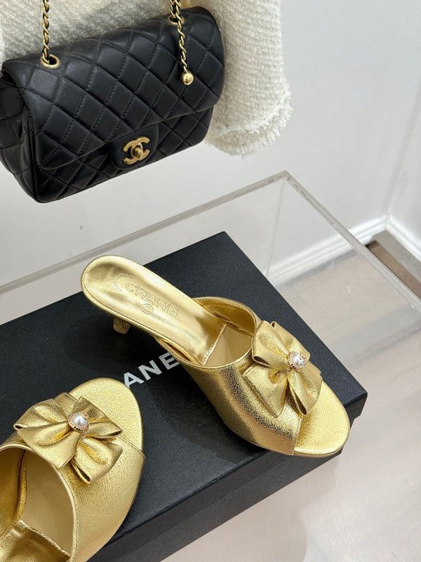 CC 26s Bow Slippers High Heel 35mm Gold Metallic Satin Sheepskin 615746