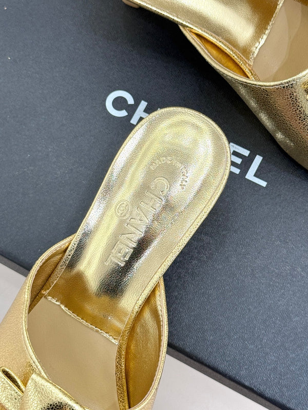 CC 26s Bow Slippers High Heel 35mm Gold Metallic Satin Sheepskin 615746