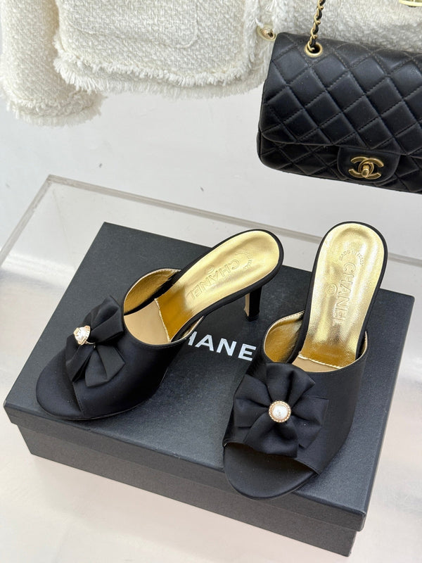 CC 26s Bow Slippers High Heel 75mm Black Satin Sheepskin 615745