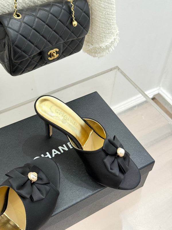 CC 26s Bow Slippers High Heel 75mm Black Satin Sheepskin 615745
