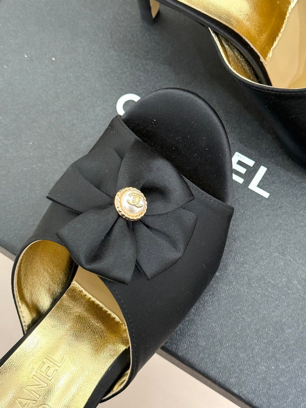 CC 26s Bow Slippers High Heel 75mm Black Satin Sheepskin 615745