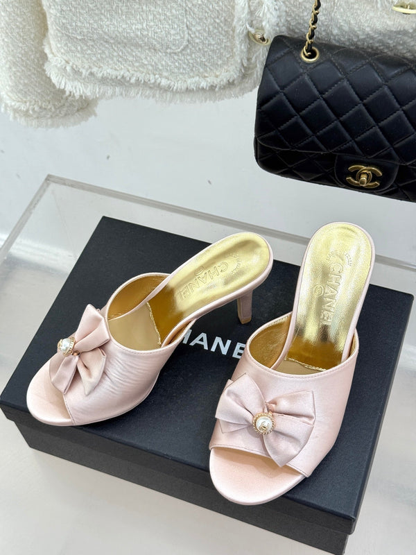 CC 26s Bow Slippers High Heel 75mm Pink Satin Sheepskin 615743