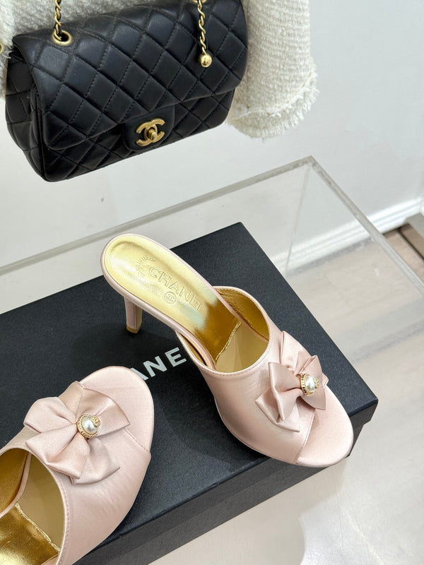 CC 26s Bow Slippers High Heel 75mm Pink Satin Sheepskin 615743