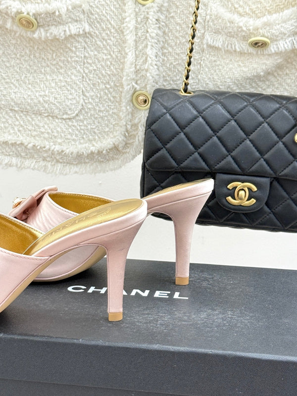 CC 26s Bow Slippers High Heel 75mm Pink Satin Sheepskin 615743