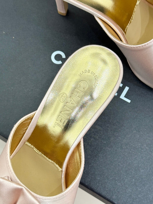 CC 26s Bow Slippers High Heel 75mm Pink Satin Sheepskin 615743