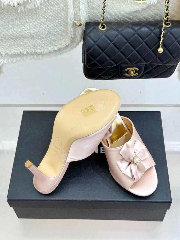 CC 26s Bow Slippers High Heel 75mm Pink Satin Sheepskin 615743