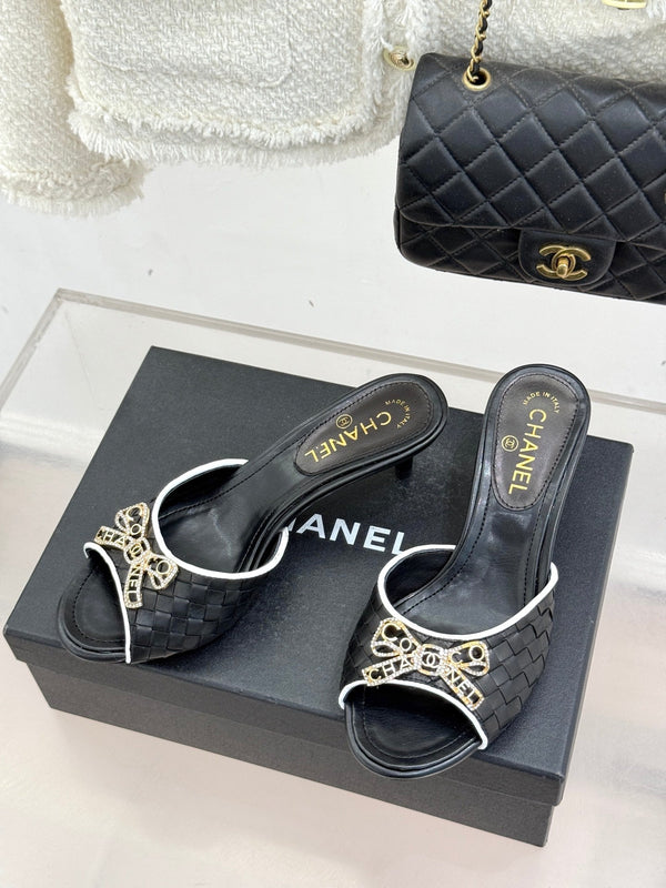 CC Classic Rhinestone Double C Bow Kitten Heel Slippers Black in Cowhide Weaving 615817