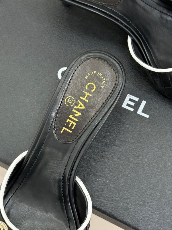 CC Classic Rhinestone Double C Bow Kitten Heel Slippers Black in Cowhide Weaving 615817