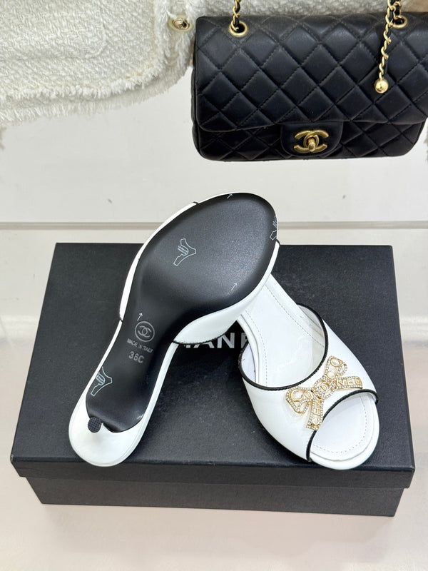 CC Classic Rhinestone Double C Bow Kitten Heel Slippers White in Cowhide 615816