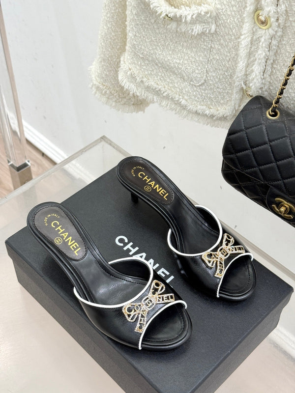 CC Classic Rhinestone Double C Bow Kitten Heel Slippers Black in Cowhide 615815