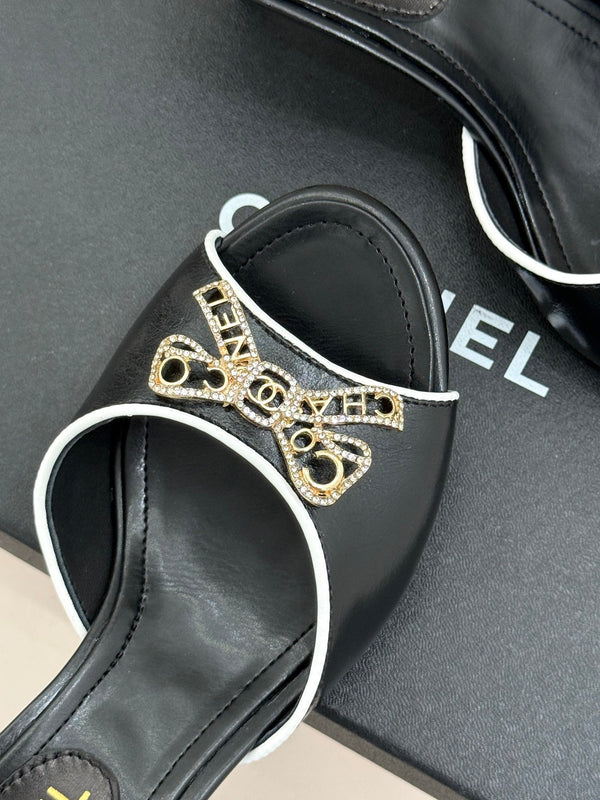 CC Classic Rhinestone Double C Bow Kitten Heel Slippers Black in Cowhide 615815