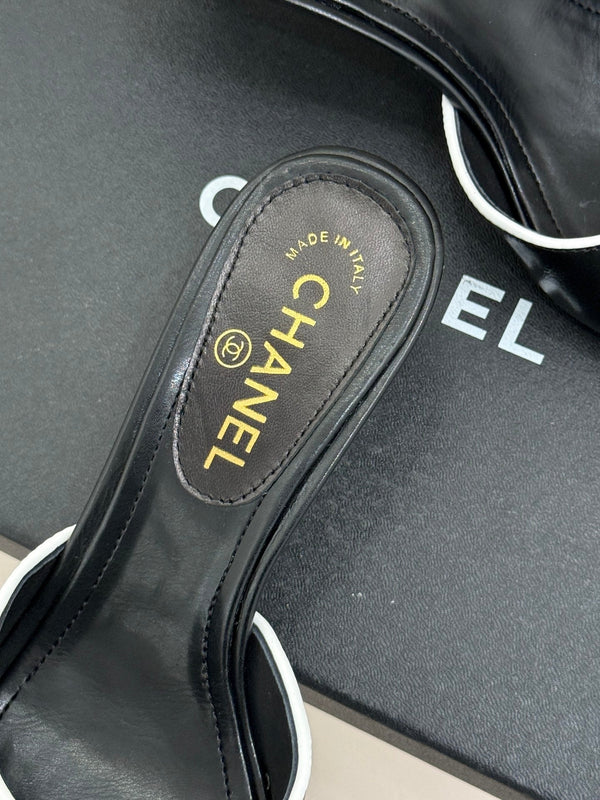 CC Classic Rhinestone Double C Bow Kitten Heel Slippers Black in Cowhide 615815