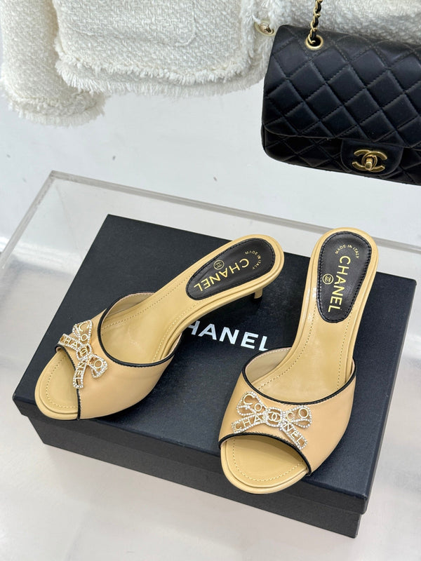 CC Classic Rhinestone Double C Bow Kitten Heel Slippers Beige in Cowhide 615814