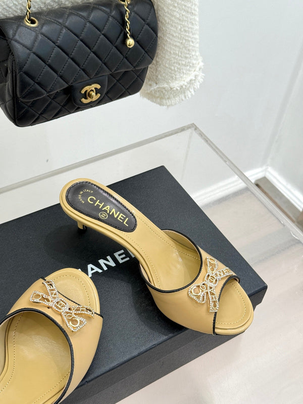 CC Classic Rhinestone Double C Bow Kitten Heel Slippers Beige in Cowhide 615814