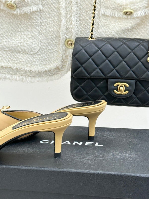 CC Classic Rhinestone Double C Bow Kitten Heel Slippers Beige in Cowhide 615814