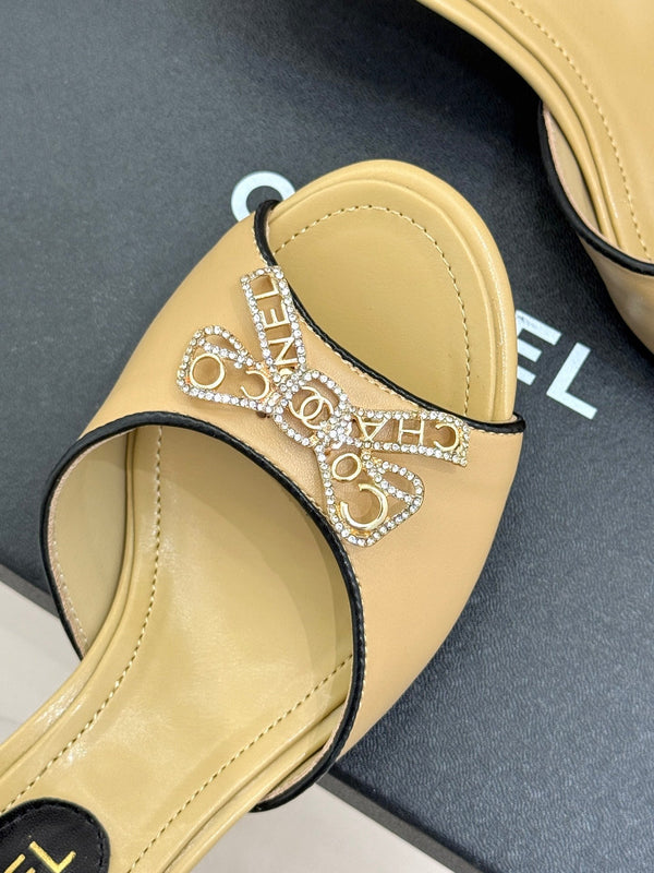 CC Classic Rhinestone Double C Bow Kitten Heel Slippers Beige in Cowhide 615814