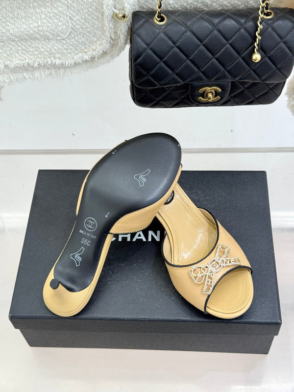 CC Classic Rhinestone Double C Bow Kitten Heel Slippers Beige in Cowhide 615814