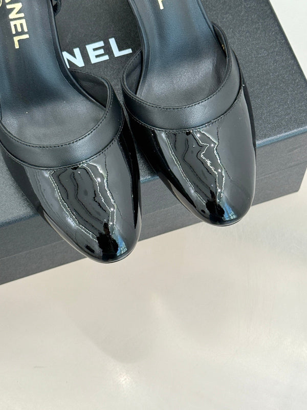 Chanel 26C Open-Back High-Heel Sandals Black in Leather 615703