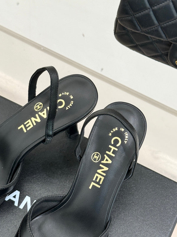 Chanel 26C Open-Back High-Heel Sandals Black in Leather 615703