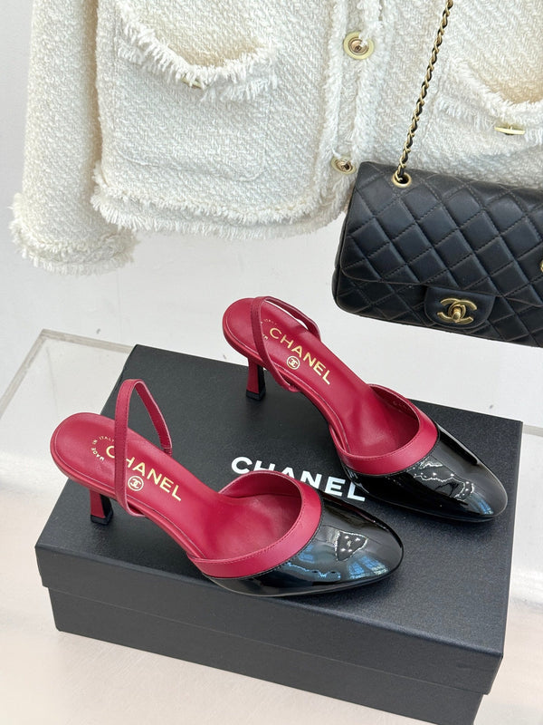 Chanel 26C Open-Back High-Heel Sandals Red Black in Leather 615702