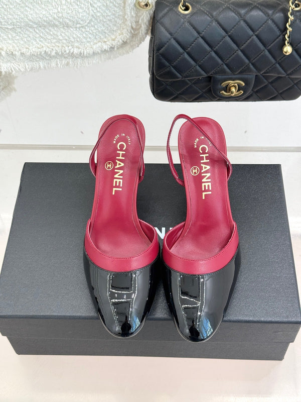 Chanel 26C Open-Back High-Heel Sandals Red Black in Leather 615702