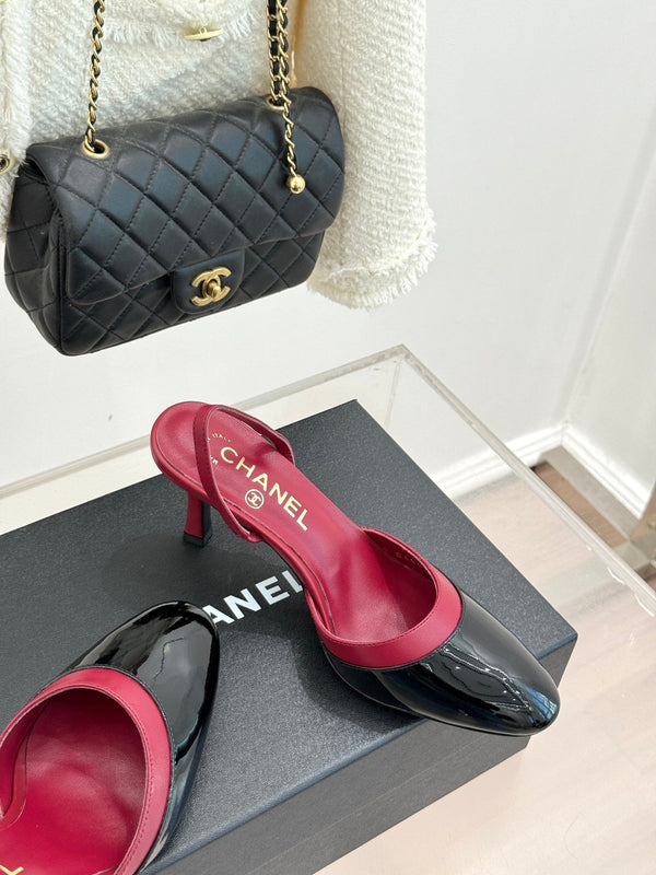 Chanel 26C Open-Back High-Heel Sandals Red Black in Leather 615702