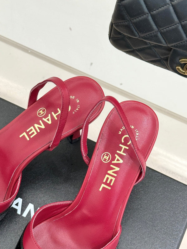 Chanel 26C Open-Back High-Heel Sandals Red Black in Leather 615702