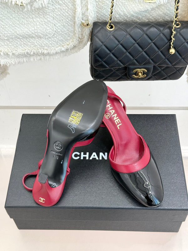 Chanel 26C Open-Back High-Heel Sandals Red Black in Leather 615702