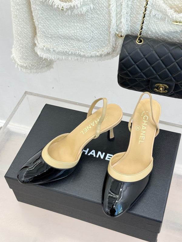 Chanel 26C Open-Back High-Heel Sandals Beige Black in Leather 615701