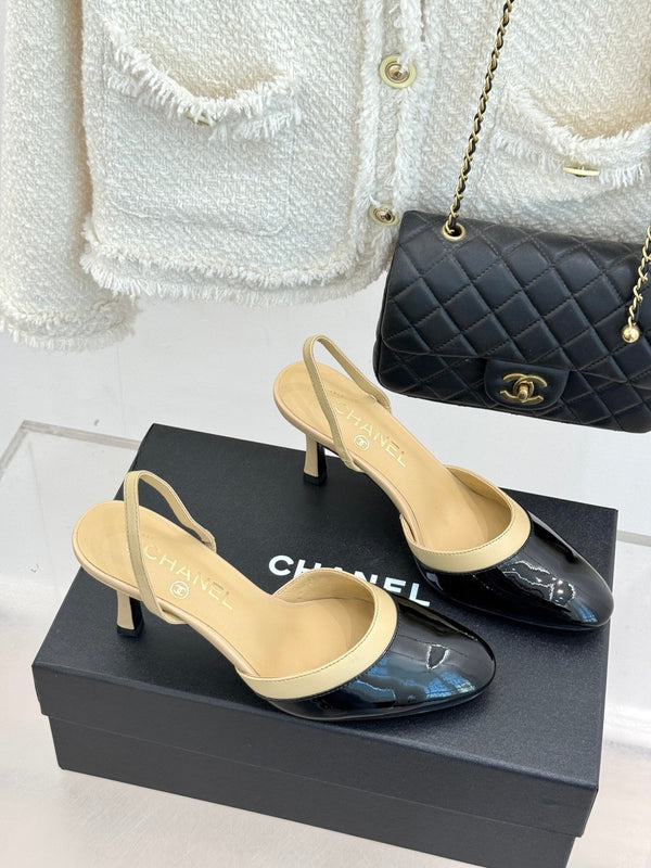 Chanel 26C Open-Back High-Heel Sandals Beige Black in Leather 615701