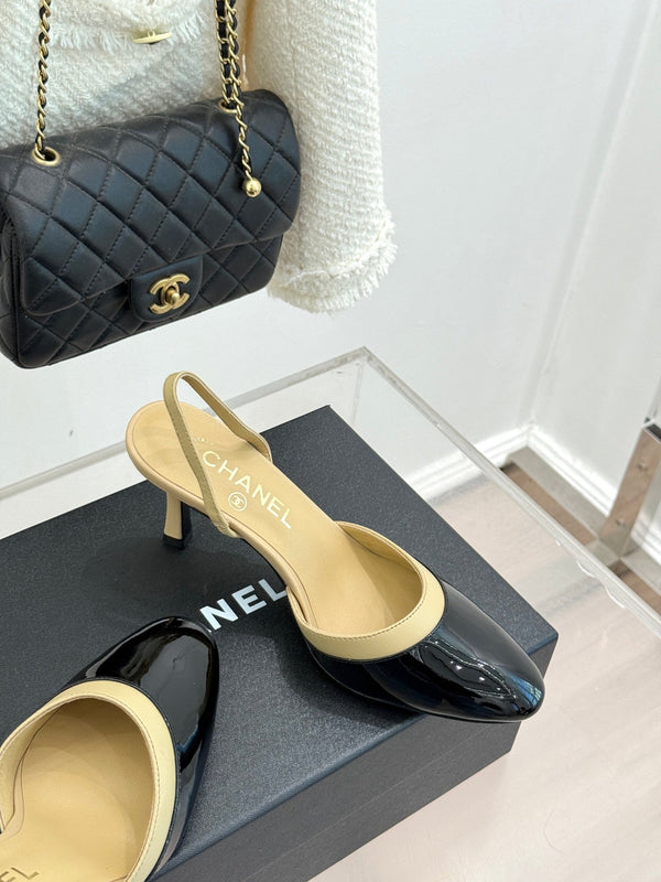 Chanel 26C Open-Back High-Heel Sandals Beige Black in Leather 615701