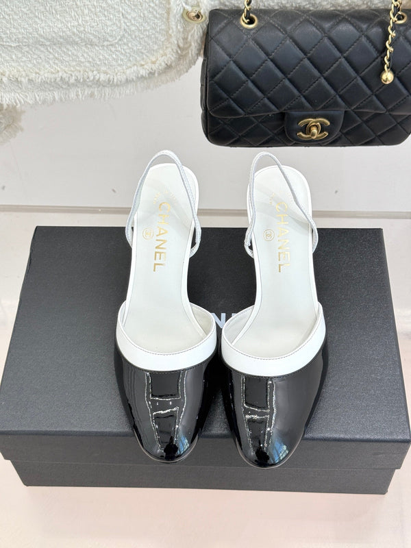 Chanel 26C Open-Back High-Heel Sandals White Black in Leather 615700