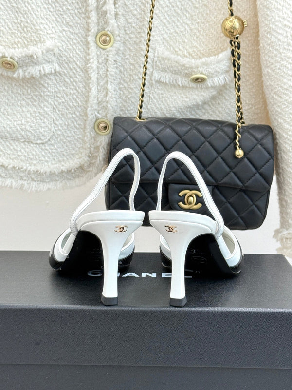 Chanel 26C Open-Back High-Heel Sandals White Black in Leather 615700
