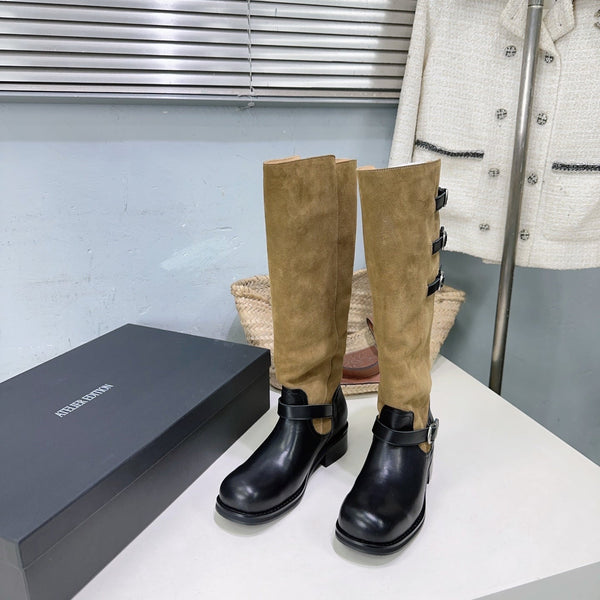 Atelier Edition 26ss Retro Buckled Round Toe Color Block Long Boots Camel Black in Calfskin and Suede