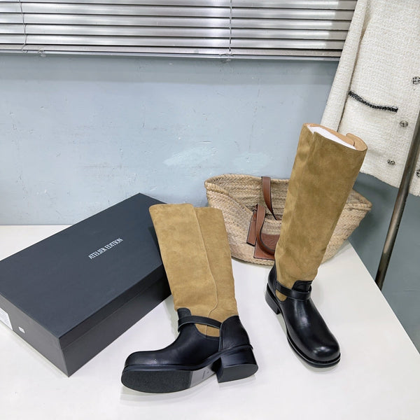 Atelier Edition 26ss Retro Buckled Round Toe Color Block Long Boots Camel Black in Calfskin and Suede