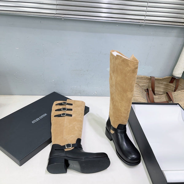 Atelier Edition 26ss Retro Buckled Round Toe Color Block Long Boots Brown Black in Calfskin and Suede