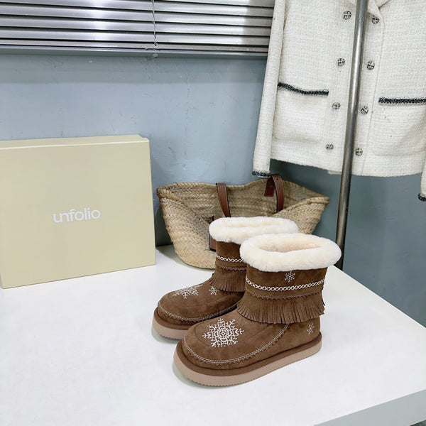 UNFOLIO 26SS Snow Ankel Boots Brown in Lambswool and Cow Suede 629522