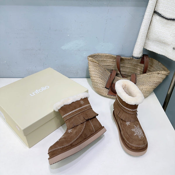 UNFOLIO 26SS Snow Ankel Boots Brown in Lambswool and Cow Suede 629522