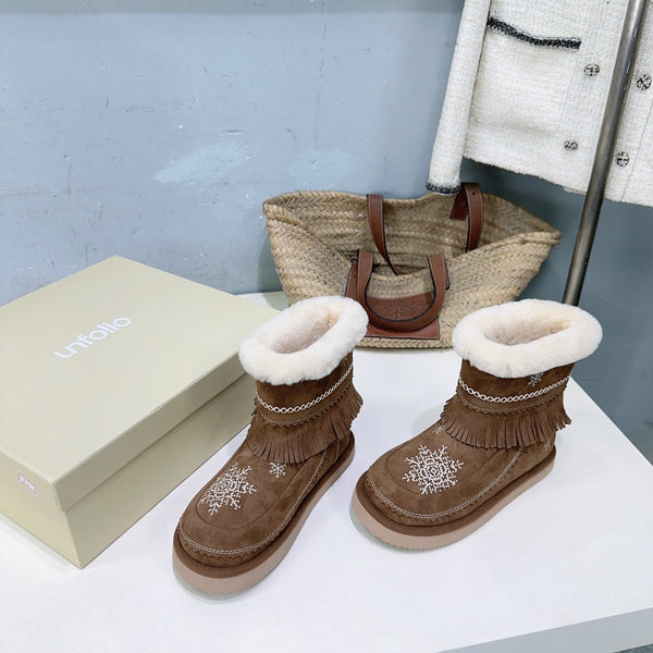 UNFOLIO 26SS Snow Ankel Boots Brown in Lambswool and Cow Suede 629522